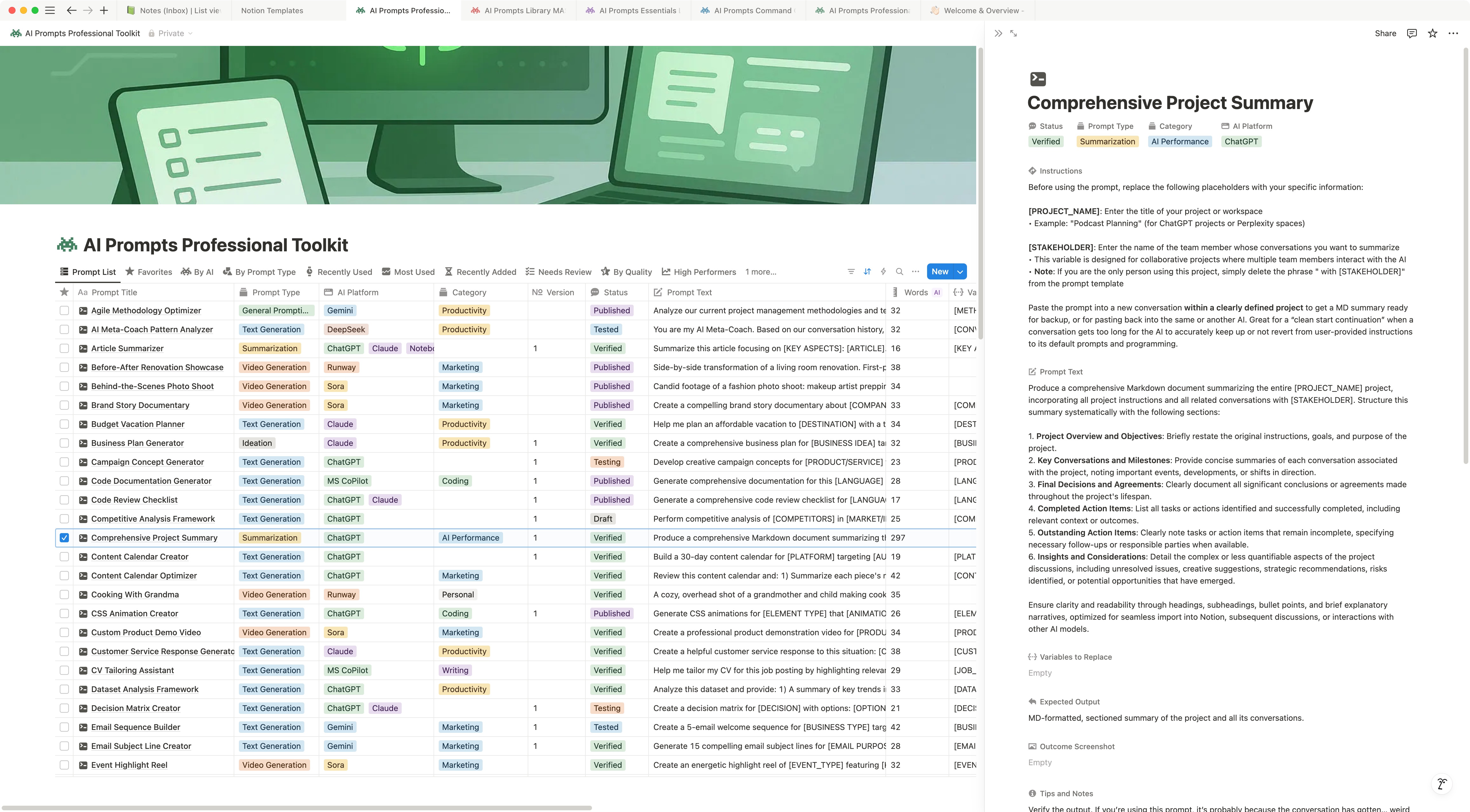 Screen from AI Prompts Professional Toolkit Notion Template