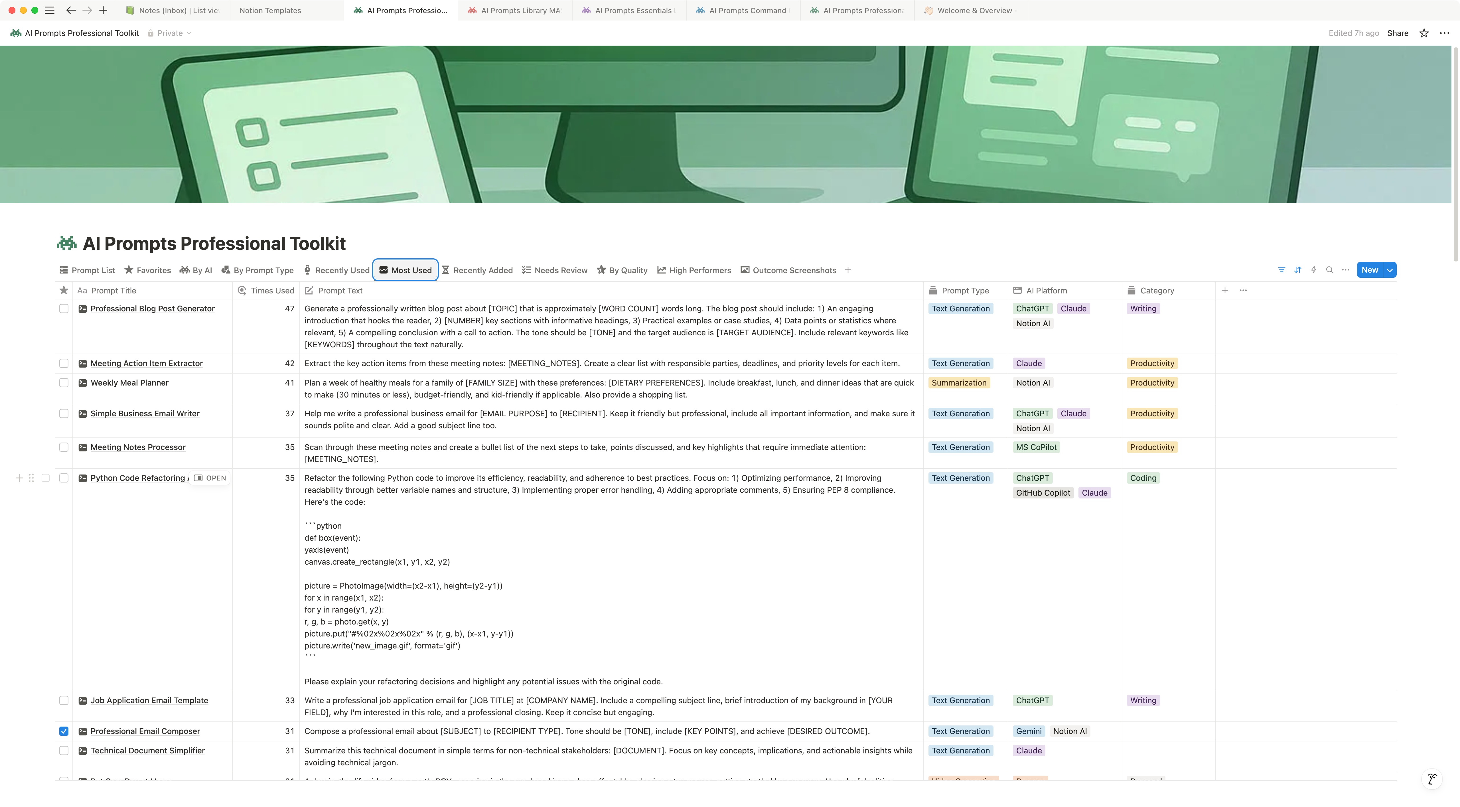 Screen from AI Prompts Professional Toolkit Notion Template