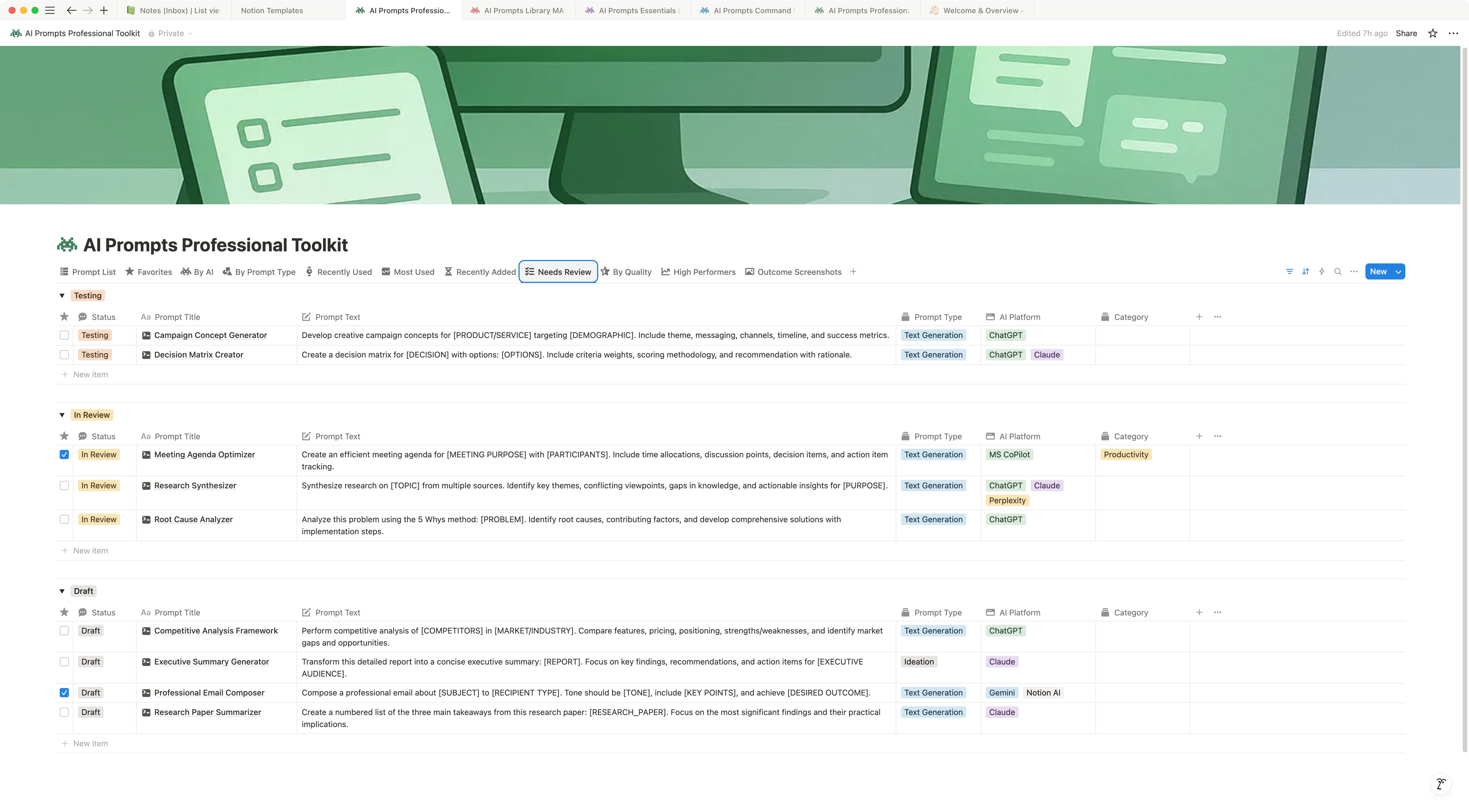 Screen from AI Prompts Professional Toolkit Notion Template