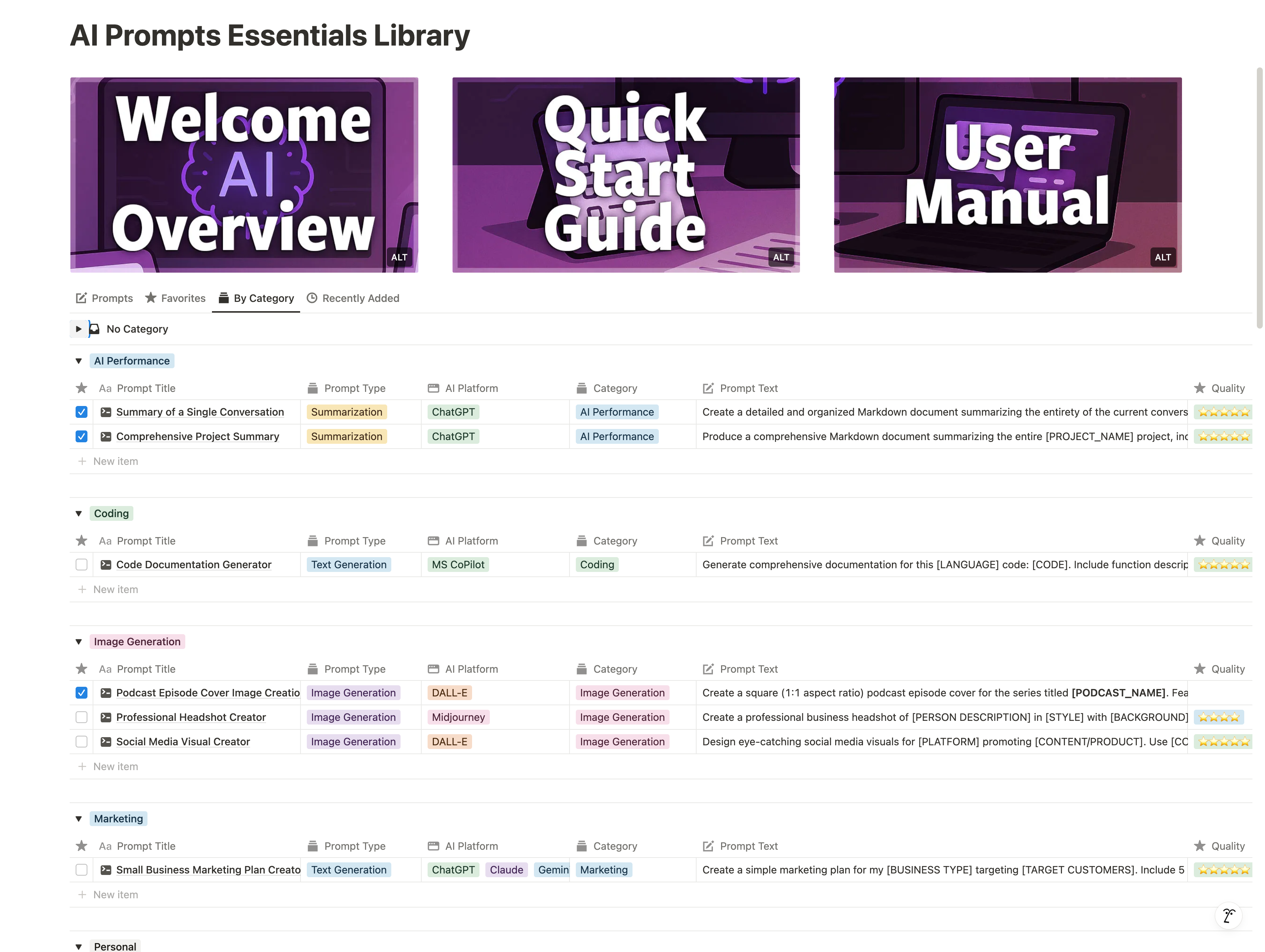 Screen from AI Prompts Essentials Library Notion Template